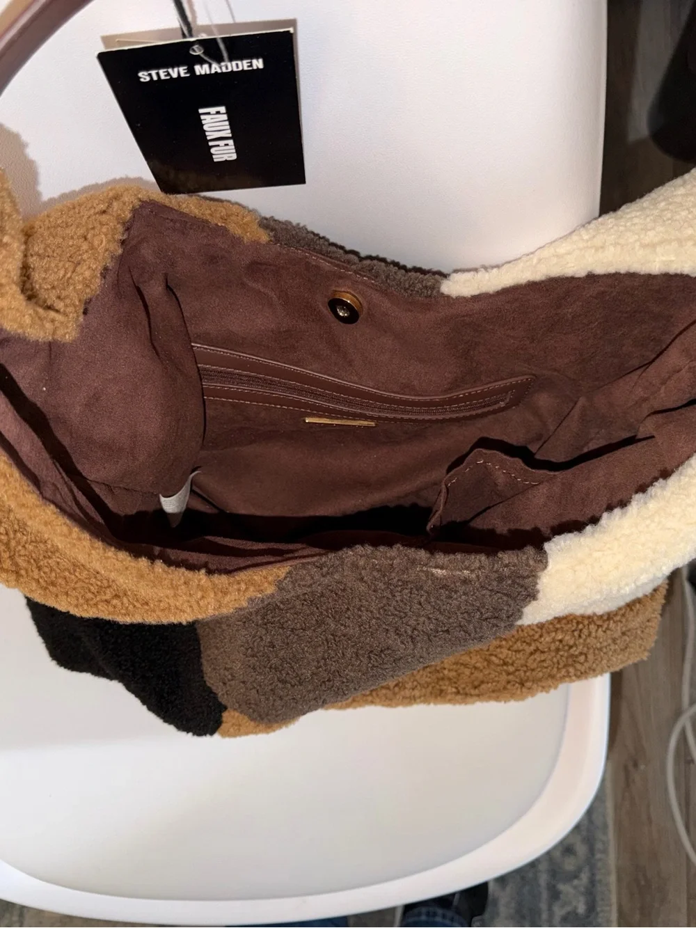 Steve Madden Cognac Multi BTully Patchwork Faux Shearling Hobo Bag NWT